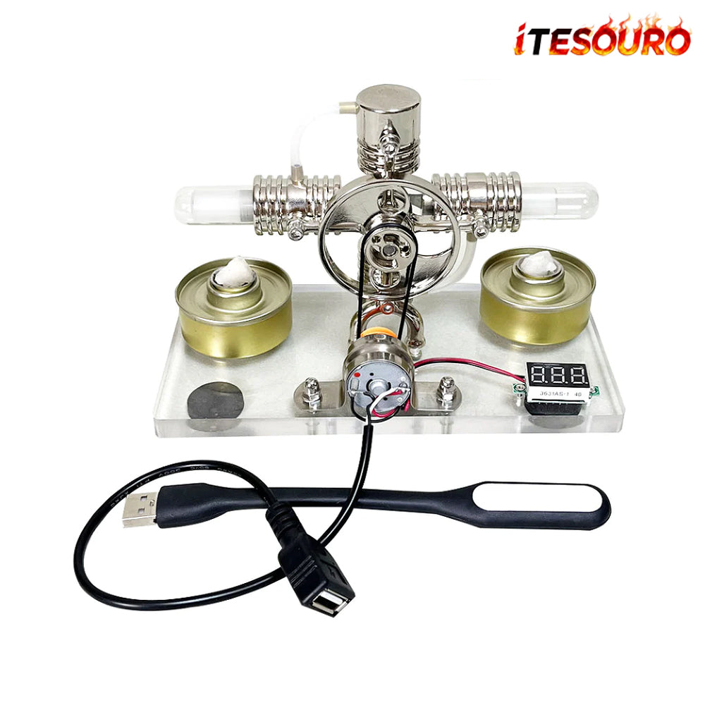 NikolaToy™ Cross twin Stirling engine+power generation device+voltmeter+LED