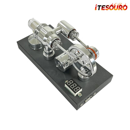 NikolaToy™ Mirror polished Stirling engine with embedded voltmeter and USB plug