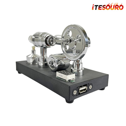 NikolaToy™ Mirror polished Stirling engine with embedded voltmeter and USB plug