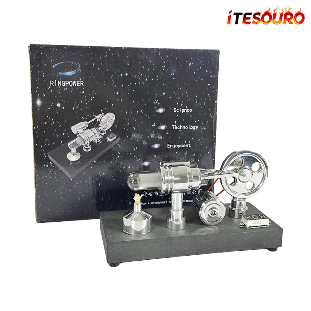 NikolaToy™ Mirror polished Stirling engine with embedded voltmeter and USB plug